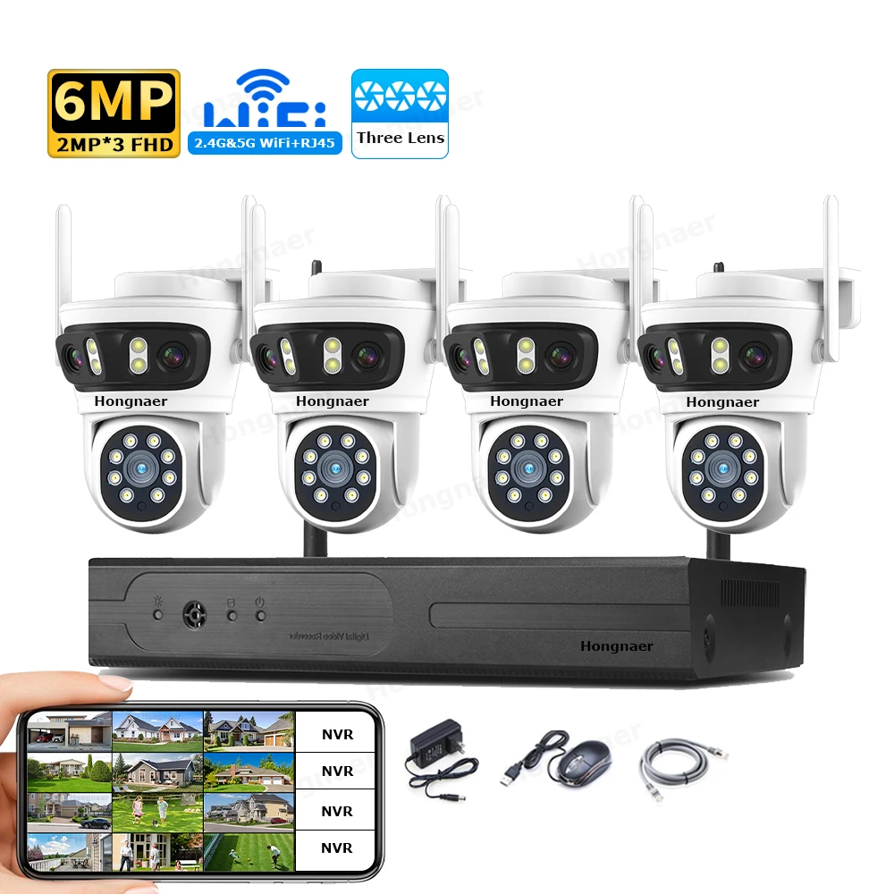 Home Security Wireless Camera - 2026 홍나르 6MP 4채널 3렌즈 2.4G