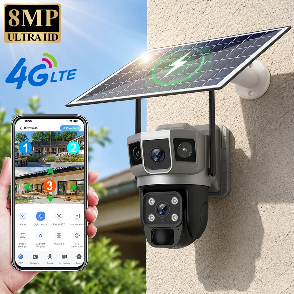 Home Security Tech - V380 4K 3화면 4G 카메라 태양광